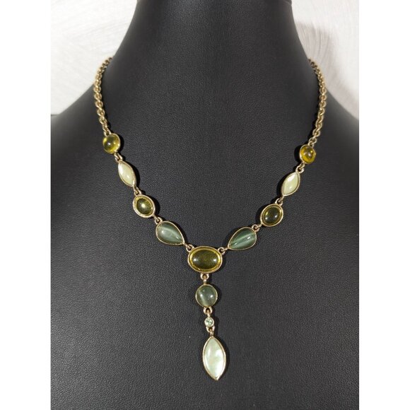 Green Cabochon Y-Drop Necklace Gold Tone Coastal Chic 18" - Picture 1 of 9